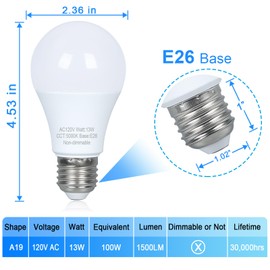 Marxlait 4 Pack LED Light Bulbs 100 watt Equivalent, Efficient 13W, Daylight White 5000K, E26 Medium Base, A19 Standard Light Bulbs, 120V, Non-Dimmable