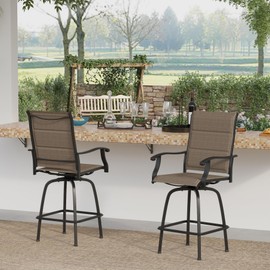 Sophia & William Outdoor Bar Stools Set of 2 with Padding, Swivel Bar Chairs, Tall Patio Chairs, Outdoor High Top Stools, Supports 300 lbs (Brown Fabric)