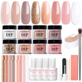 AZUREBEAUTY 30Pcs Dip Powder Nail Kit Starter with Nail Sticks, Nude Skin Tones Neutral Pink 8 Colors Dipping Liquid Set Matte Top Coat for Nail Art Manicure Salon DIY Home