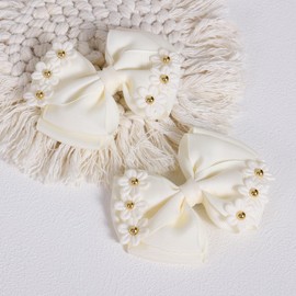 Off White Pearl Flower Hair Bows Alligator Clips for Girls 4" Grosgrain Ribbon Bow Hair Barrettes Pins for Kids Teen Toddler Women Wedding School Floral Dress Accessory Gift Of 2