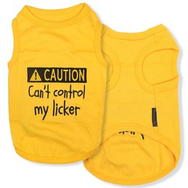 Parisian Pet Dog T-Shirt - Embroidered ' Caution Can’t Control My Licker ' Dog Tee Shirt - 100% Cotton, Dog Clothes - Sleeveless Pet Vest - Yellow Dog Shirts for Small Dogs - S