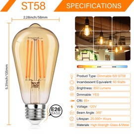 MAXvolador 12-Pack Dimmable Vintage LED Edison Bulb 60W Equivalent, 6W 850Lumens Edison Light Bulbs 2200K, ST58 Antique LED Filament Bulb, E26 Base