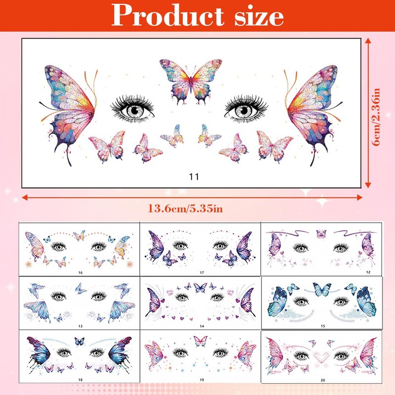 JYNVO 10PCS Schmetterling Augenwinkel Temporäre Tattoos, Glitzer Make-up Aufkleber für