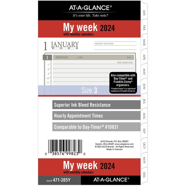 AT-A-GLANCE 2024 Weekly & Monthly Planner Refill, 3-3/4" x 6-3/4", Portable Size, Loose-Leaf (471-285Y-24)