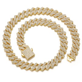 Cuban Link Chain Iced Out Miami Mens Necklace Gold Diamond Spring Buckle Cuban Chain 12mm Hip Hop Jewelry with Gift Box for Men Women (Gold-12mm,20inch)