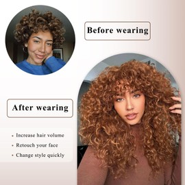 SOFUN Curly Wig With Bangs for Black Women long Curly Human Hair Glueless Wig for Daily,Realistic Look with True Scalp(Brownish Yellow)