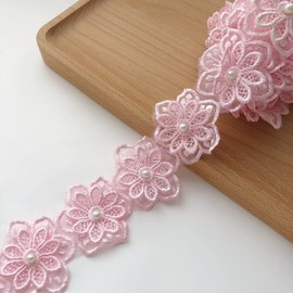 Pink Flower Lace Trim Ribbon,Embroidered Sewing Lace for Wedding Applique, DIY Sewing Crafts -3Yards (1#)