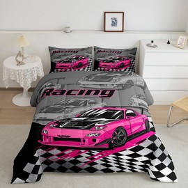Pink Race Car Kids Comforter Set Twin Size,Racing Flag Black White Checkered Bedding Set,Boys Girls Adults Room Decor,Extreme Sports Games Down Comforter,Modern Fashion Duvet Insert,1 Pillowcase