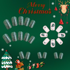 Christmas Green Press on Nails Medium Square Fake Nails with Santa Claus Dwarf Design Glossy False Nails Cute Christmas Nails Acrylic Nails Full Cover Glue on Nails Stick on Nails for Women 24Pcs