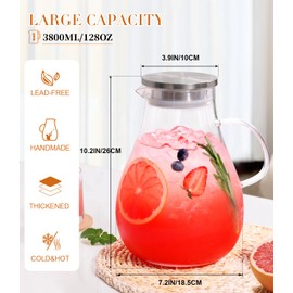 LUNA & MANTHA Glass Pitcher with Lid, 1 Gallon 128oz Glass Water Pitcher with Handle for Fridge, Borosilicate Large Water Jug, Iced Tea, Coffee and Sangria Hot/Cold Beverage (Extra-Wide Mouth)