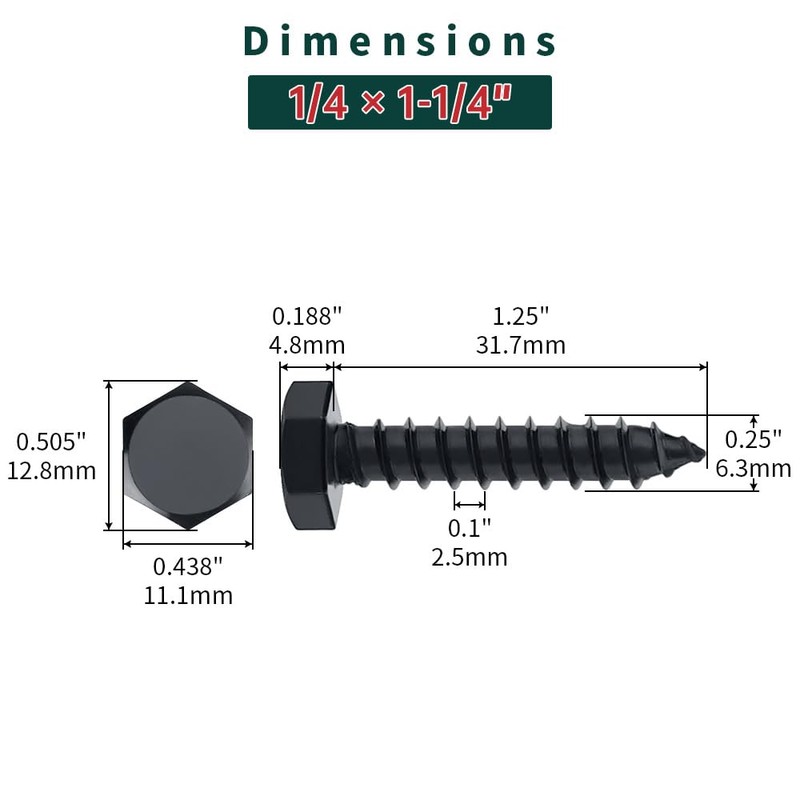 1/4 x 1-1/4" Black Hex Head Lag Screws Bolts (20