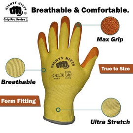 Mighty Mitts Safety Work Gloves with Firm Grip, 12 Pairs Bulk Pack, Seamless Knit with Crinkle Latex Palm Coating (Medium)