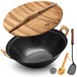 WANGYUANJI 13.4 Inch Cast Iron Wok with Wooden Lid and Iron Spatula, Flat Bottom Double-Handle Chinese Stir Fry Pan, Uncoated Cast Iron Wok for Induction, Gas and Electric Stoves