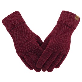 ViGrace Winter Touchscreen Gloves for Women Chenille Warm Cable Knit with 3 Touch Screen Fingers Texting Driving Elastic Cuff Thermal Glove(Burgundy,Large)