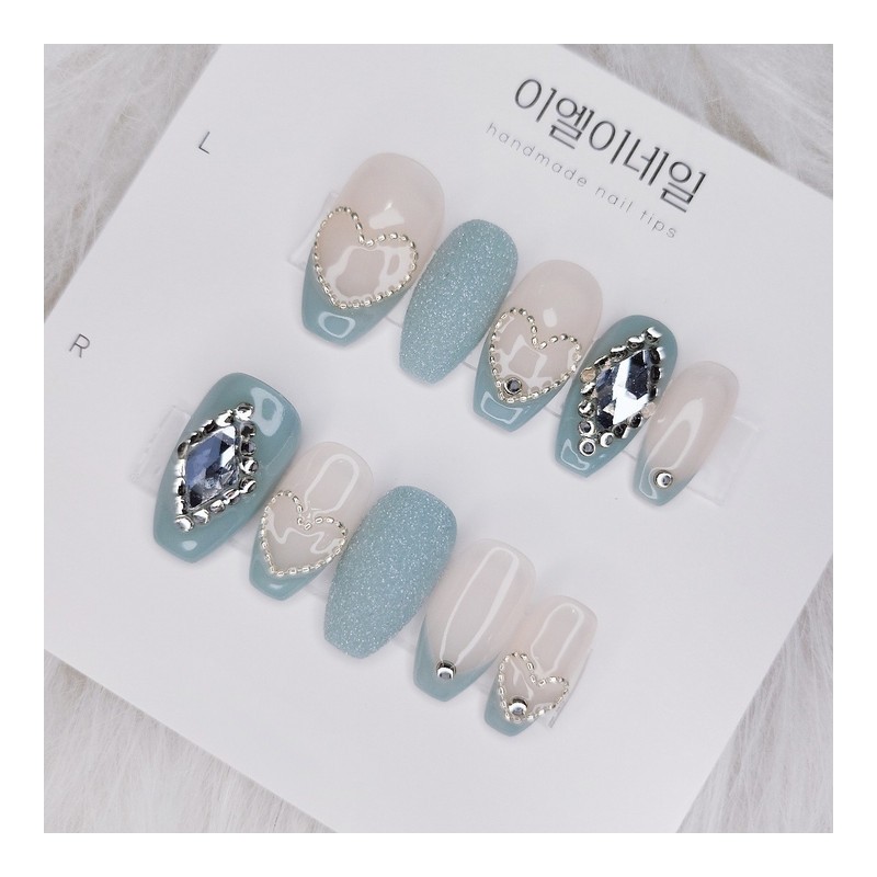 Sky Blue Lovely Chain Heart Handmade Nail Tip - Coffin