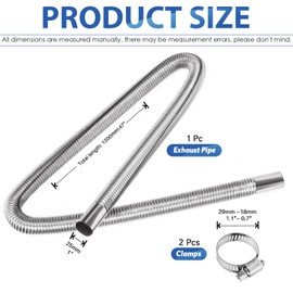 Glarks 3Pcs Stainless Steel Exhaust Pipe Set, Includes 1pcs 47in-Long 1in-Diameter Stainless Steel Exhaust Pipe, 2pcs Hose Clamps, Fuel Tank Diesel Gas Vent Hose Flexible Exhaust Tubing