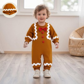 Newborn Infant Christmas Clothes Gingerbread Man Outfits Long Sleeve Romper Jumpsuit Ginger Bread Bodysuit And Hat (Light Brown, 6-12 Months)