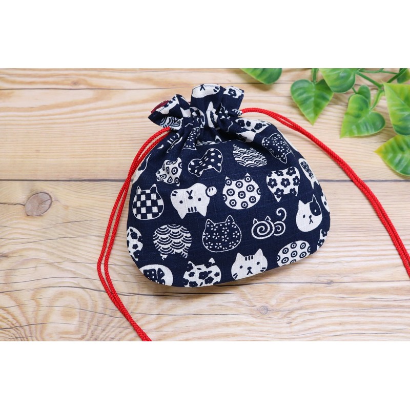 Keisui Drawstring Bag, Accessory Mini Cat Japanese Pattern, Cotton, Made