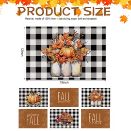 Preboun 6 Pcs Fall Vintage Placemat Set Thanksgiving Autumn Rustic Buffalo Plaid Table Mats Washable Farmhouse Pumpkin Leaves Truck Place Mats for Kitchen Dining Holiday Decoration, 12 x 18 Inch