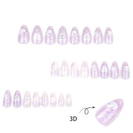 24pcs Light Purple Press on Nails Short Almond Bow Fake Nails with 3D White Swan Pearl Heart Flowers Designs Summer False Nails Cute Glue on Nails Handmade Full Cover Acrylic Nails for Women