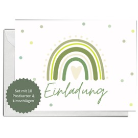 Briefzauber Children's Birthday Invitation Set with Cards & Envelopes (Rainbow Green, Pack of 10)