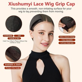 Xiushumyi Wig Cap Lace Wig Grip Cap for Keeping Wigs in Place Wig Cap with Grip Band Make Your Wigs Glue Free Non-Slip Wig Caps with Built-in Adjustable Velvet for Women(Brown, L)