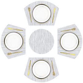 SHACOS Manteles individuales de tamaño grande de 13.7 x 19.6 pulgadas con forma de cuña con centro de mesa, juego de 5 manteles individuales redondos lavables para mesa de comedor, reversibles, gris y blanco