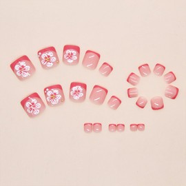 Pink French Tip Press on Toenails Flowers Fake Toe Nails Short Full Cover Square Glue on Toenails Summer Spring False Nails with Pearl Floral Designs Cute Stick on Nails for Women Girls 24Pcs
