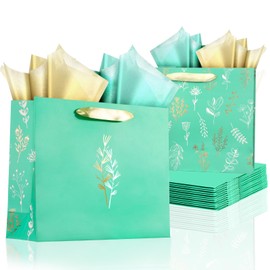12 Pcs Gift Bags with Handles and Tissue paper, Large Thank You Paper Gift Bags 11.8x10x4in, Reusable Birthday Wrap Bags for Present Wedding Baby Shower Mothers Day & All Occasion(Green)