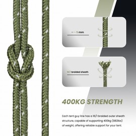 Abma Cord Guy Ropes Tent Cord with 6 Pieces Rope Tensioners 5 mm 30 m Tent Rope for Camping, Tents, Awning, Reflective Army Green
