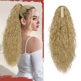 Sofeiyan Pferdeschwanz Haarteil mit Klammer, 56 cm Lang Wellig Lockigen Ponytail Extension Claw Clip in Synthetischen Haarverlängerung Zopf für Frauen，Blond und Aschblond Gemischt