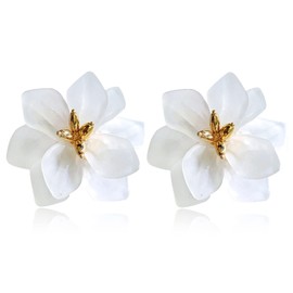 KVANU Handmade Boho Huge Acrylic Flower Dangle Drop Earrings Charm Dainty Big Matte Double Layer Resin Flower Petal Stud Earrings with Gold Flower Bud Women (White)