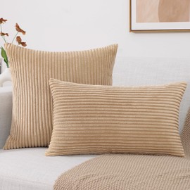 Mecatny Corduroy Decorative Throw Pillow Covers 18x18 Set of 2 for Sofa Bedroom Living Room, Stylish Soft Striped Couch Spring Pillow Covers for Home Decor, Khaki