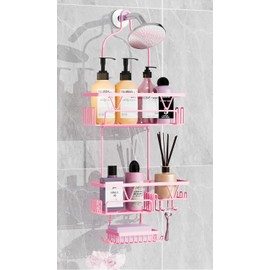 DAOYA Hanging Shower Caddy Over ShowerHead, Anti-Swing Shower Organizer For Inside Shower With 2 Soap Holders, Multi Hooks, Rustproof Bathroom Accessories, Pink