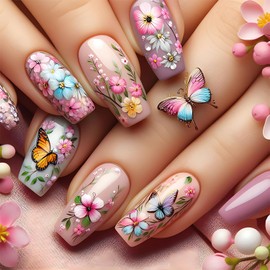 Flower Press on Nails Medium Long Coffin Fake Nails with Designs Pink Spring False Nails Floral Butterfly Acrylic Nails Coffin Shaped Glue on Nails Full Cover Stick on Nails for Women Supplies 24Pcs