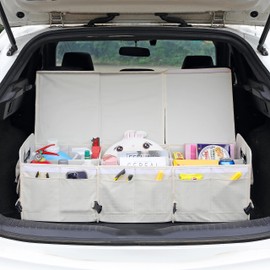 AOKJOY Car Trunk Organizer with Lid Car Storage Organizer Collapsible Multi Compartment Adjustable Straps Car Organizer for SUV, Truck, Sedan(Beige)