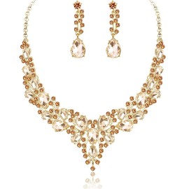 GKMJ Conjunto de Joyería para Mujer, Collar Mujer, Conjunto de Collar y Pendientes de Cristal de Boda, Nupcial Gargantilla Collares Colgante Joyas para Mujeres y Novias (Dorado)