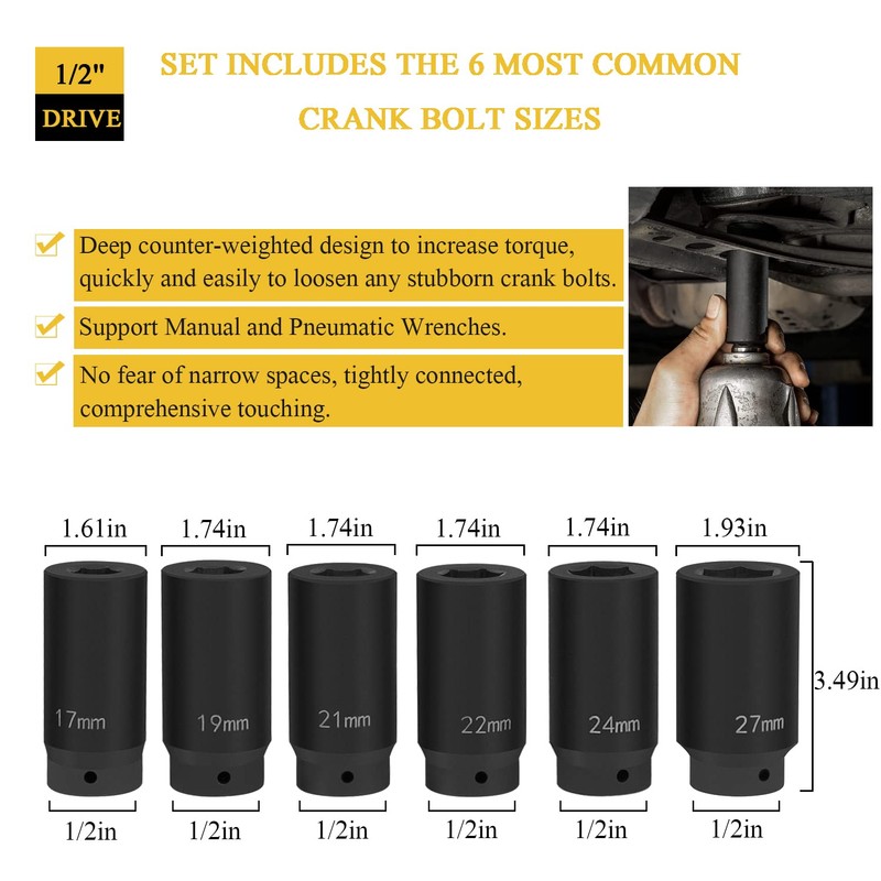 6 Pack 1/2" Crank Bolt Socket Set, 17MM, 19MM, 21MM,
