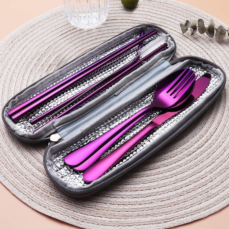 (Purple) - Portable Stainless Steel Flatware Set, Travel Camping Cutlery