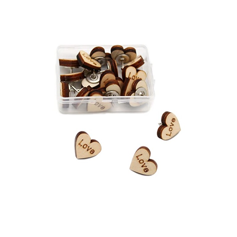 JIHUOO Pack of 20 wooden heart push pins, drawing pins,