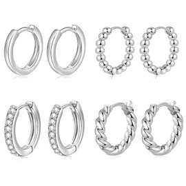BMMYE Sterling Silver Hoop Earrings for Women Small Silver Huggie Hoop Earrings 4 Pairs Cartilage Mini Silver Hoops Tiny Silver Earrings Set for Multiple Piercing Hypoallergenic 10mm