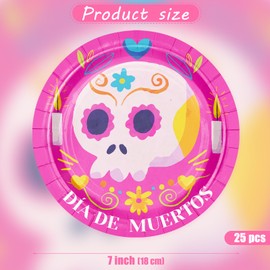 WRAPAHOLIC 25Pcs Day of the Dead Paper Plates - 7 Inch Pink Skull Disposable Plates Decorative Dinner Plates for Party Tableware Supplies Table Decor