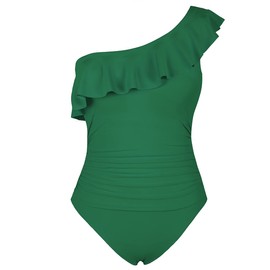 Hilor Women's One Piece Swimsuits One Shoulder Swimwear Asymmetric Ruffle Monokinis Bathing Suits Dark Green 6