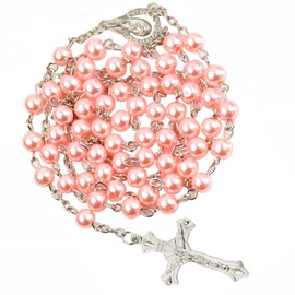 Kuesn 8mm Pearl Rosary Beads Catholic Necklace Glass Beads Necklace with Crucifix Charms Long Rosary Beads Necklace Prayer Beads Catholic Rosary Necklace for Women Gifts (Pink)