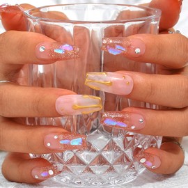 Sethexy French Long Coffin Handmade False Nails Pink Rhinestone Glitter Aurora Fake Nails 3D Crystal Glossy Press On Nails Acrylic Stick On Nails for Women and Girls 10PCS(G)