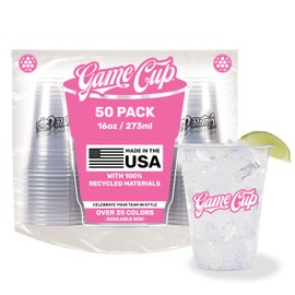 Game Cup 16oz Clear Plastic Cups (50 Pack) Made in the USA from Recycled PET Plastic | 100% Recyclable Clear Disposable Plastic Cups for Party, Tailgating, Game Day & More - Pink & White