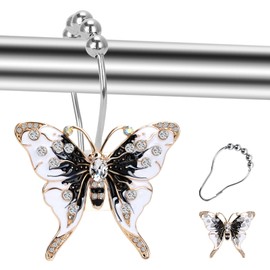 Elerslodia Butterfly Decorative Shower Curtain Hooks,Black and White,12 Pieces,Roller Ball, Stainless Steel,Insect Decor,Shower Rings,Bathroom Set,Rustproof,Home Living & Bathroom Decor,Gift