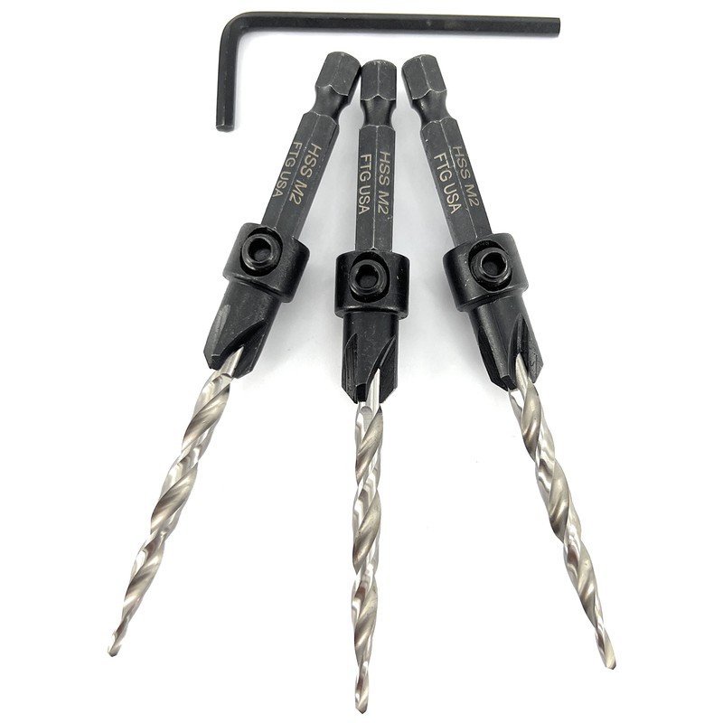 FTG USA 3 Pc #10 (3/16") Adjustable Wood Countersink Drill