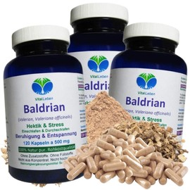 Baldrian Pure Root Valerian 360 (3 x 120) Powder Capsules 500 mg Nerves Soothing & Relaxation - Hustle and Stress - Fall asleep & Sleep through & Good Night. Pure Natural - No Additives 26670-3