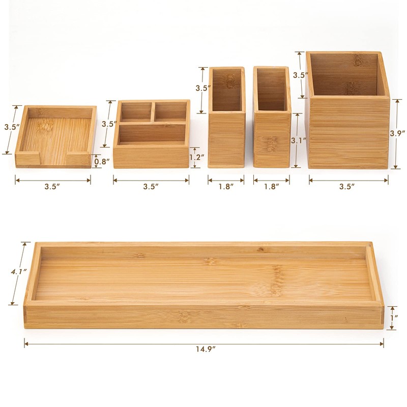 ROCDEER Bamboo Vanity Tray, 6-Piece Bathroom Countertop Vanity Tray Set,